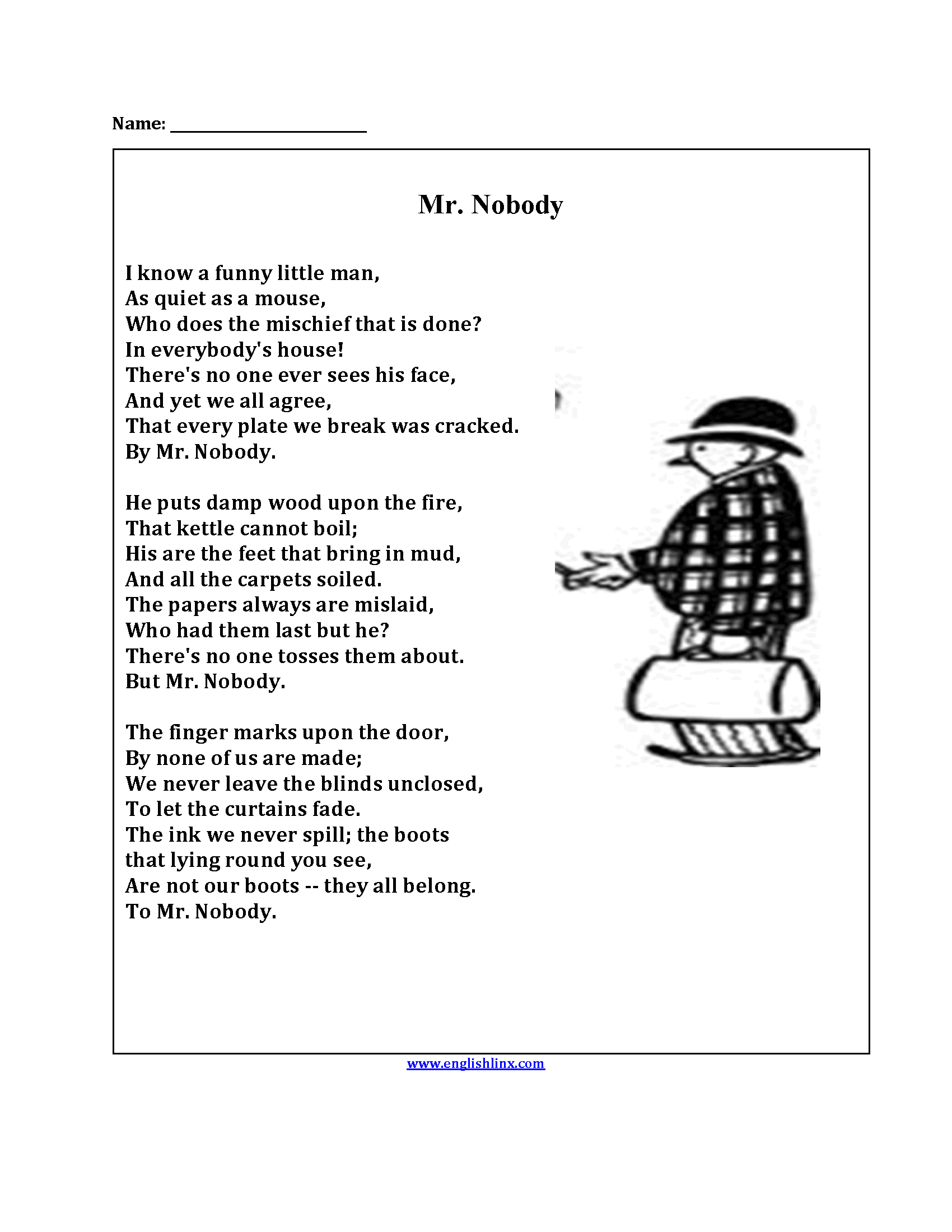 Mr. Nobody Poetry Worksheets